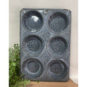 Antique Primitive Graniteware Gray Splatter Baking 6 Cup Tart Pan 10 X 7 In X 1